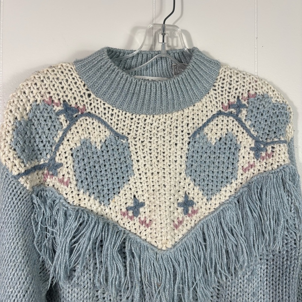 Vintage 80s Knitted By Hand Allison Brittney Blue Heart Design Fringe Sweater S - Picture 2 of 8